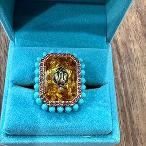 Kurt Geiger Yellow Crystal Statement Ring with Turquoise Accents